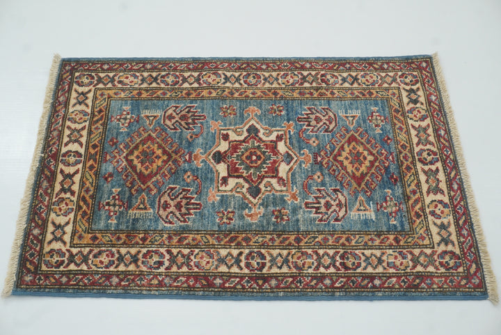 2x3 Blue Kazak Hand-Knotted Afghan Wool Rug - Yildiz Rugs