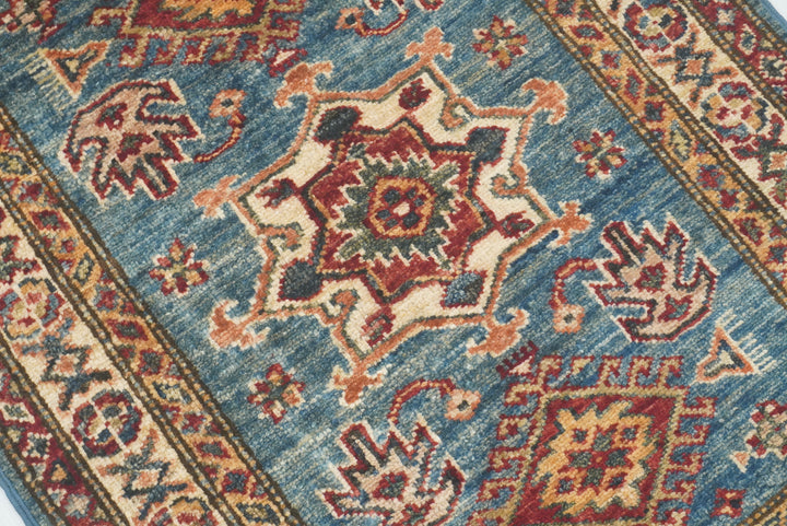 2x3 Blue Kazak Hand-Knotted Afghan Wool Rug - Yildiz Rugs
