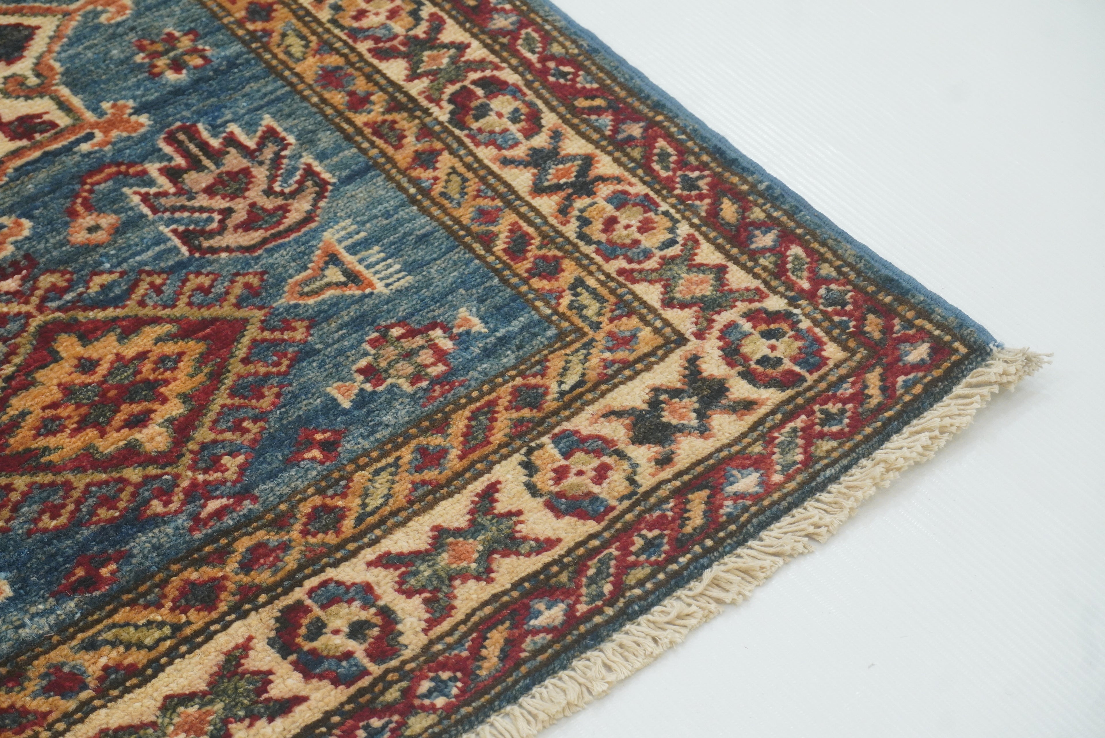 2x3 Blue Kazak Hand-Knotted Afghan Wool Rug - Yildiz Rugs