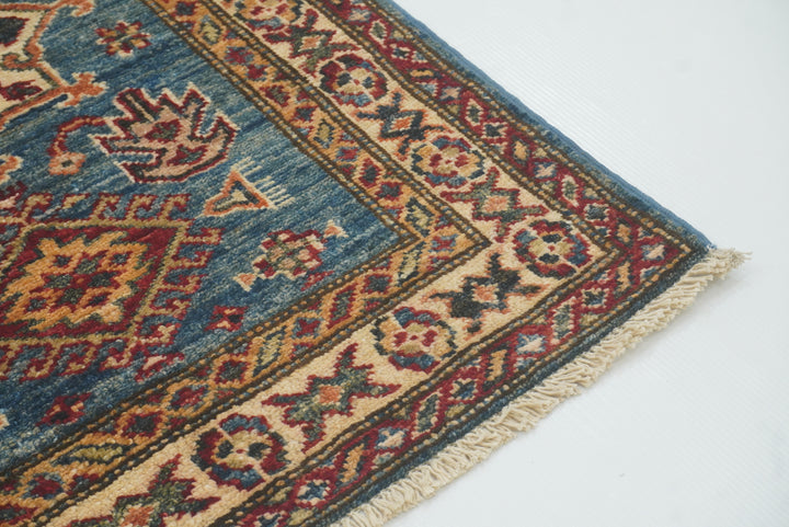2x3 Blue Kazak Hand-Knotted Afghan Wool Rug - Yildiz Rugs