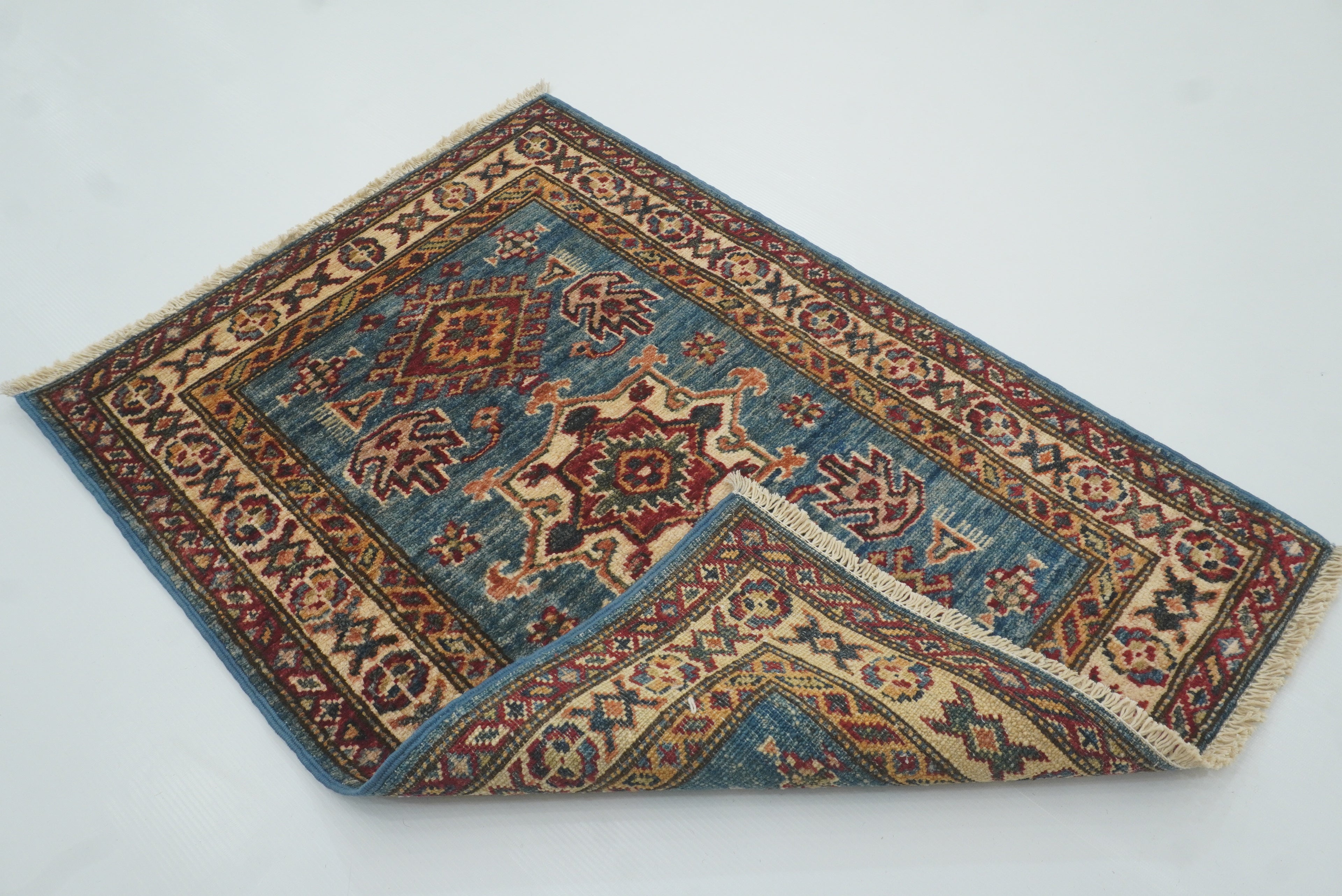2x3 Blue Kazak Hand-Knotted Afghan Wool Rug - Yildiz Rugs