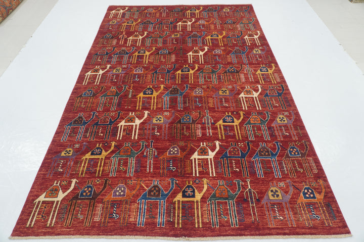 6x9 Red Gabbeh Camel Train Afghan Hand knotted Rug - Yildiz Rugs