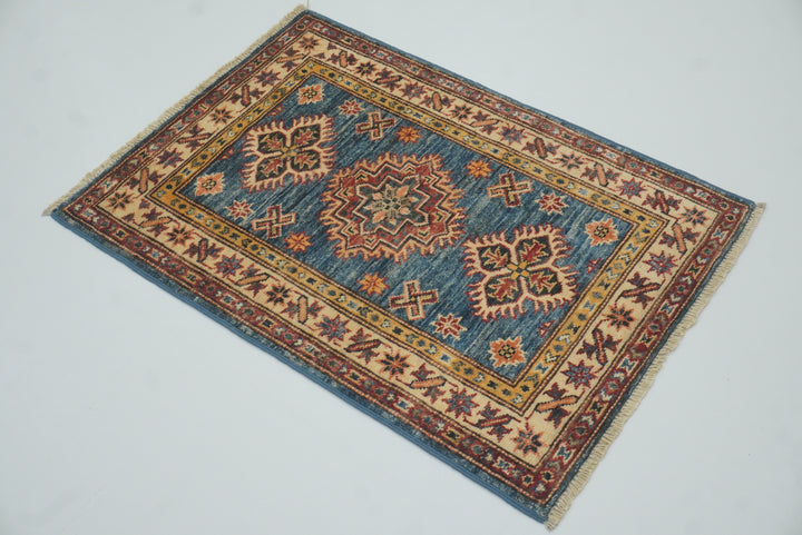 2x3 Blue Kazak Hand-Knotted Afghan Wool Rug - Yildiz Rugs