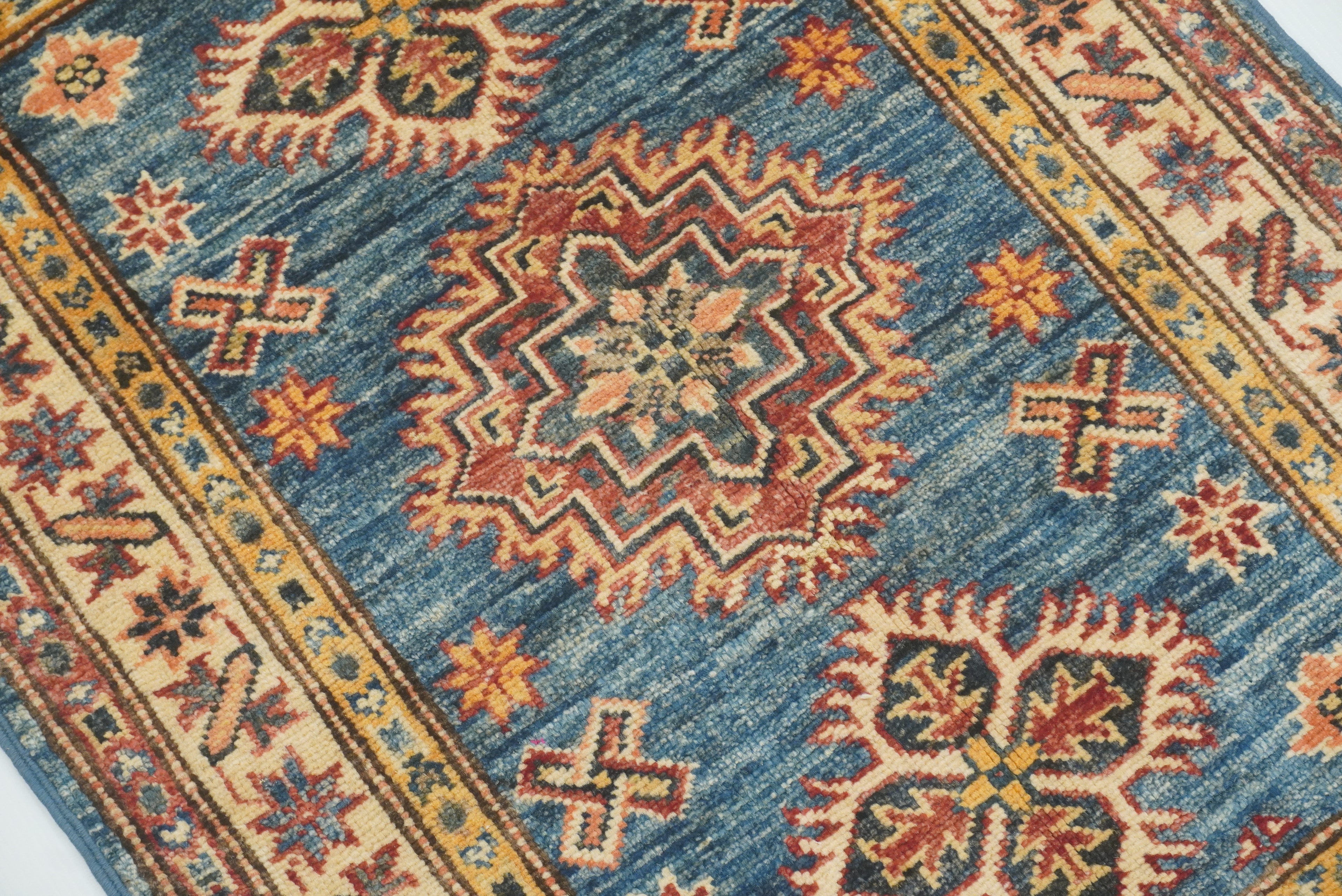 2x3 Blue Kazak Hand-Knotted Afghan Wool Rug - Yildiz Rugs