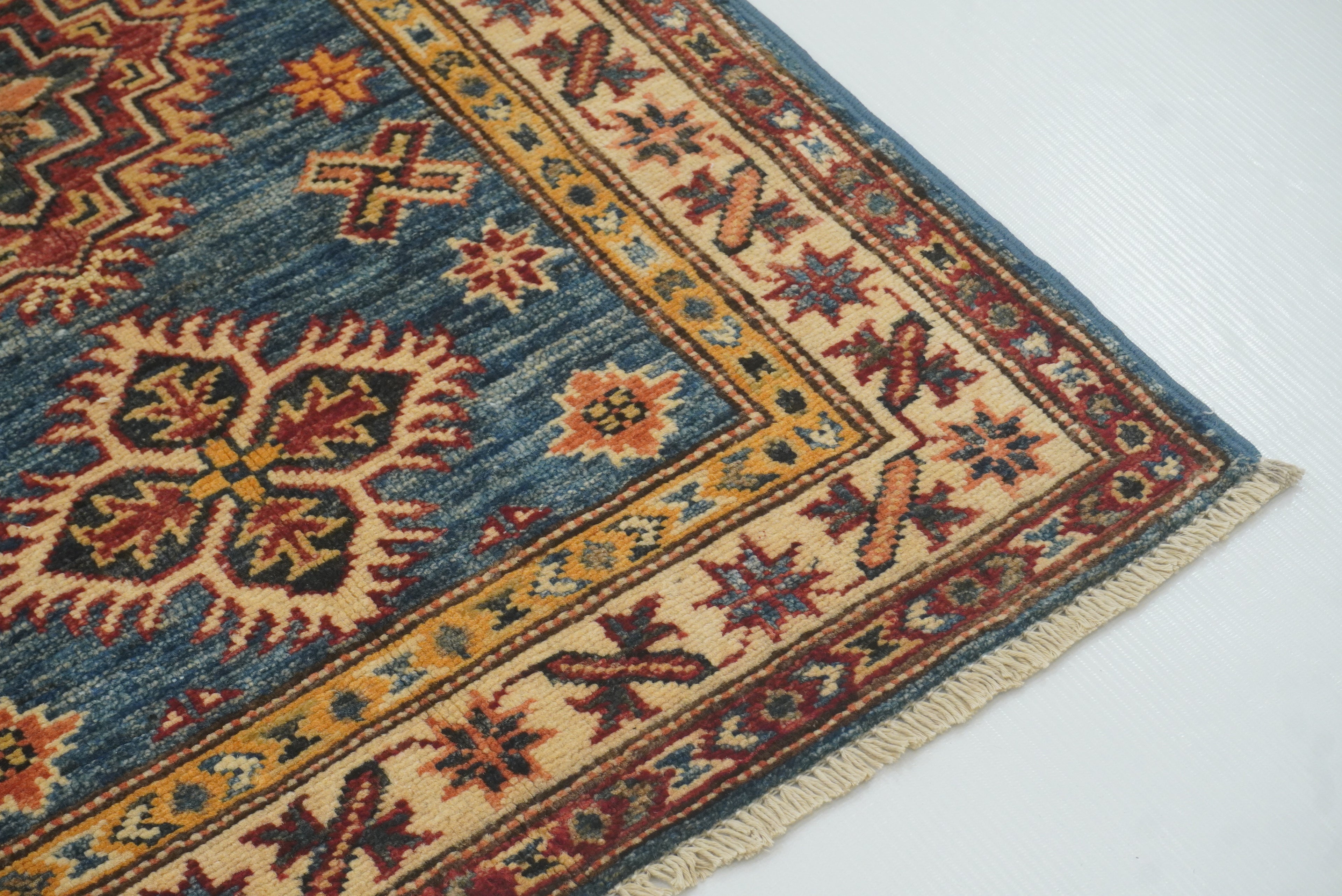2x3 Blue Kazak Hand-Knotted Afghan Wool Rug - Yildiz Rugs