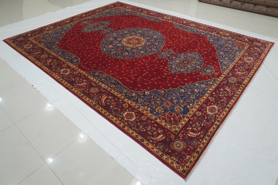 9x12 Red Afghan Hand Knotted Geometric Medallion Rug