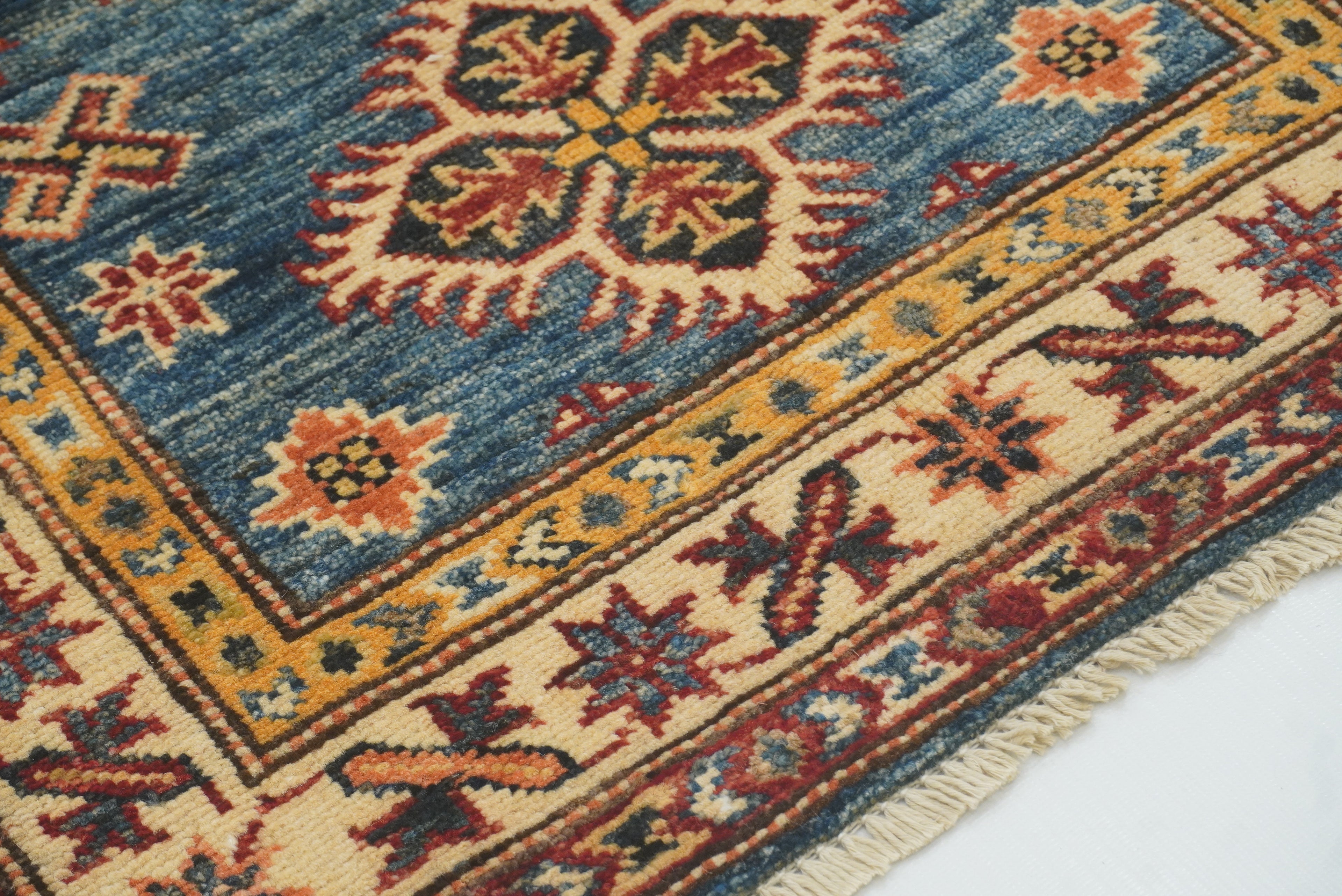 2x3 Blue Kazak Hand-Knotted Afghan Wool Rug - Yildiz Rugs
