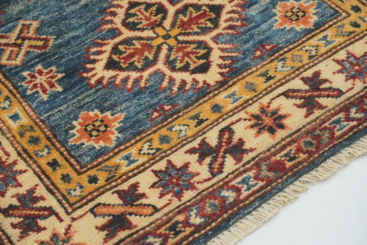 2x3 Blue Kazak Hand-Knotted Afghan Wool Rug - Yildiz Rugs