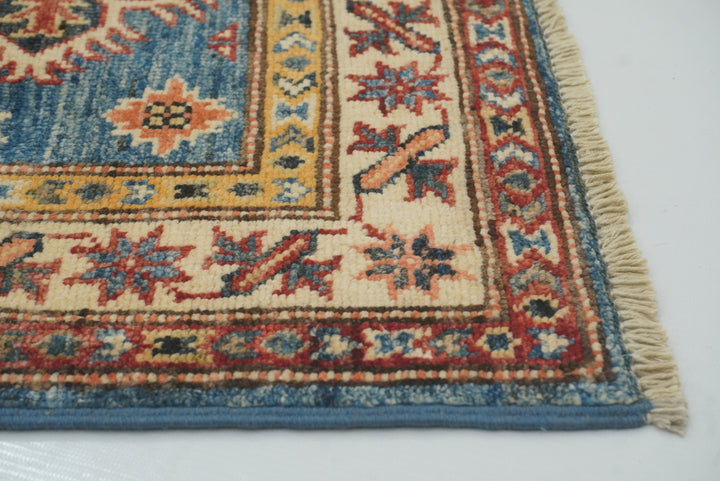 2x3 Blue Kazak Hand-Knotted Afghan Wool Rug - Yildiz Rugs