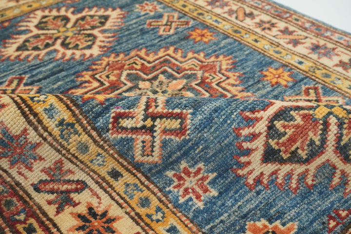 2x3 Blue Kazak Hand-Knotted Afghan Wool Rug - Yildiz Rugs