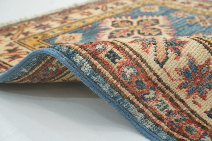 2x3 Blue Kazak Hand-Knotted Afghan Wool Rug - Yildiz Rugs