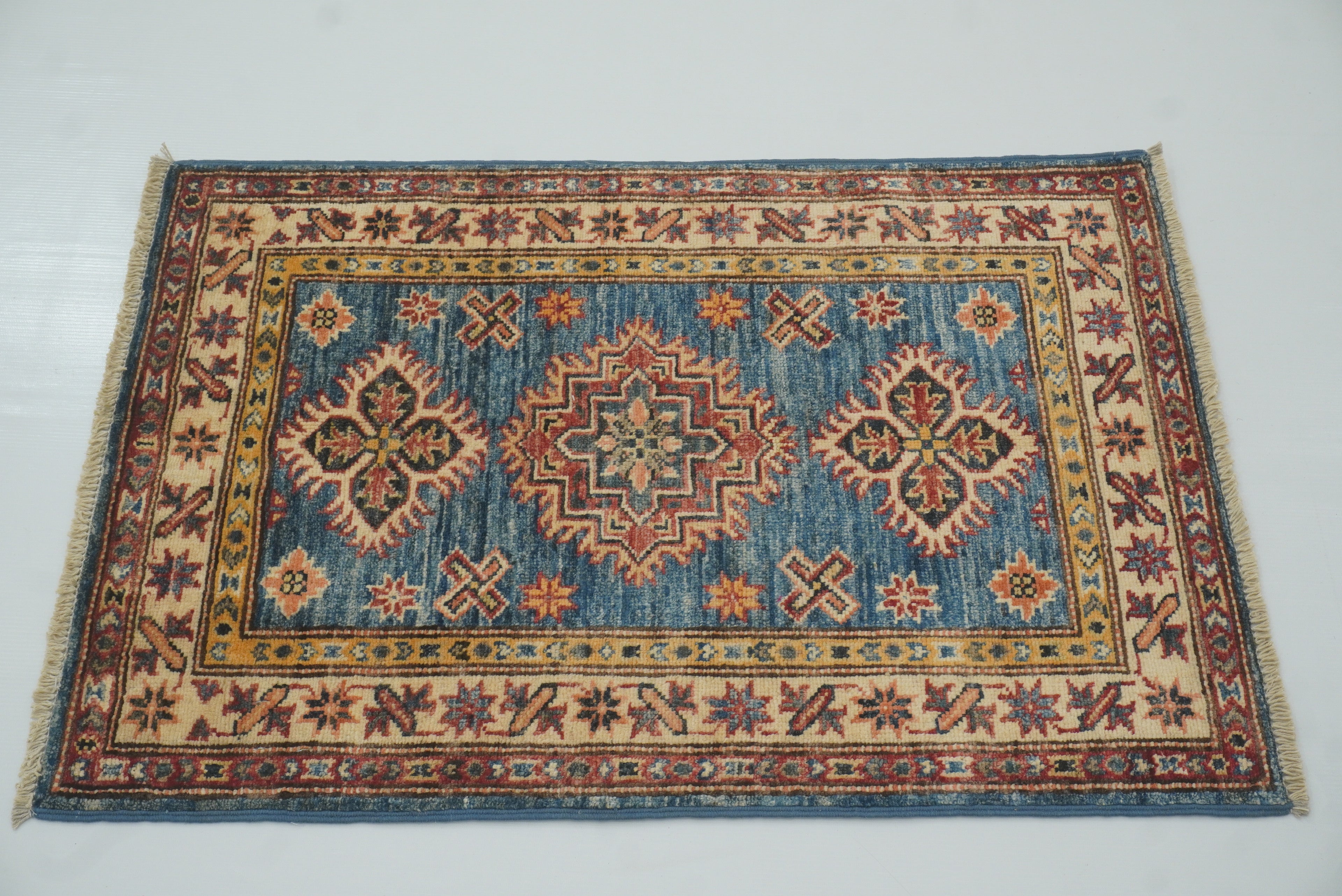 2x3 Blue Kazak Hand-Knotted Afghan Wool Rug - Yildiz Rugs