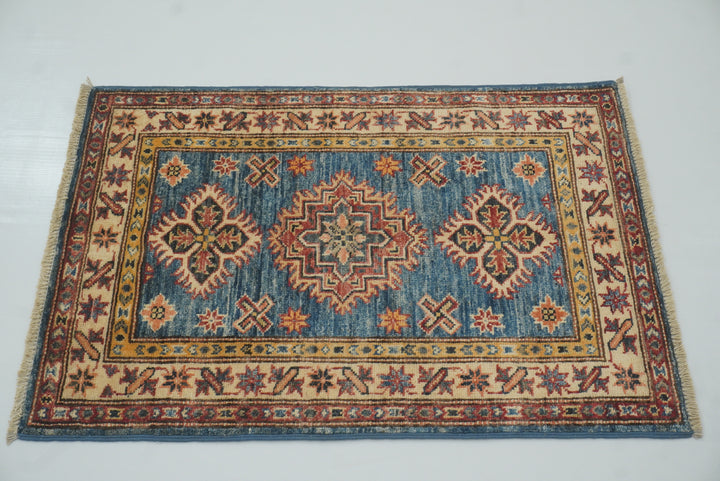 2x3 Blue Kazak Hand-Knotted Afghan Wool Rug - Yildiz Rugs
