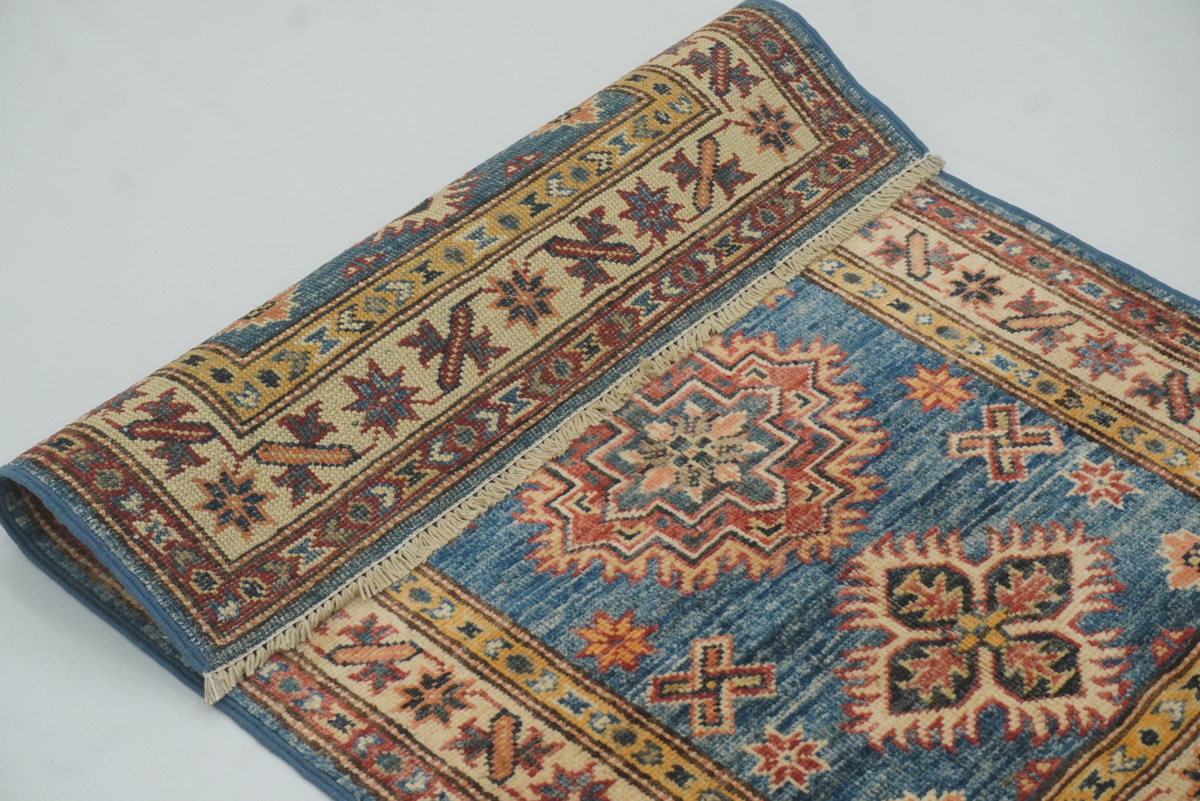 2x3 Blue Kazak Hand-Knotted Afghan Wool Rug - Yildiz Rugs