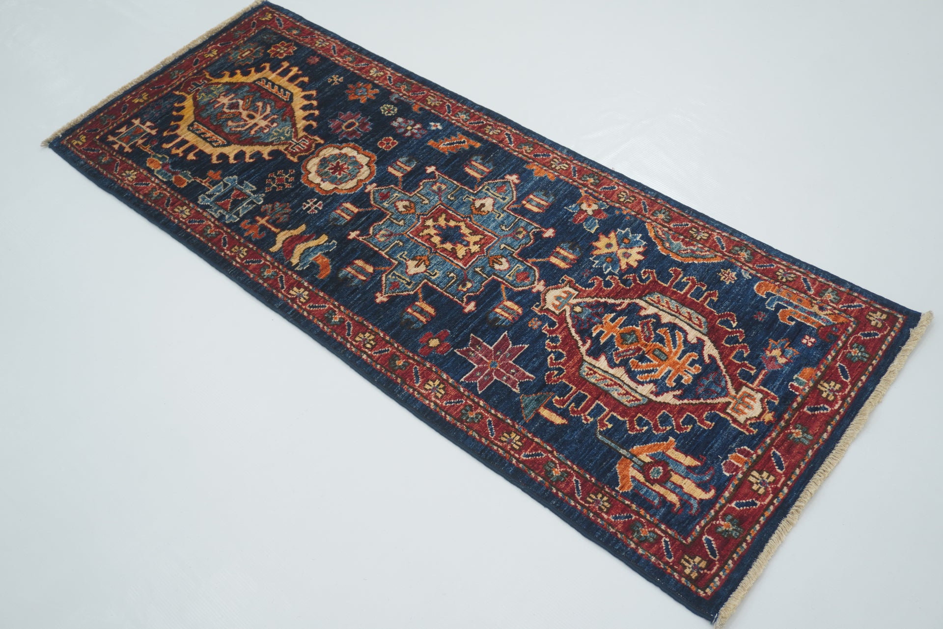 5 ft Navy Blue Karaja Afghan Hand-Knotted Runner Rug - Yildiz Rugs