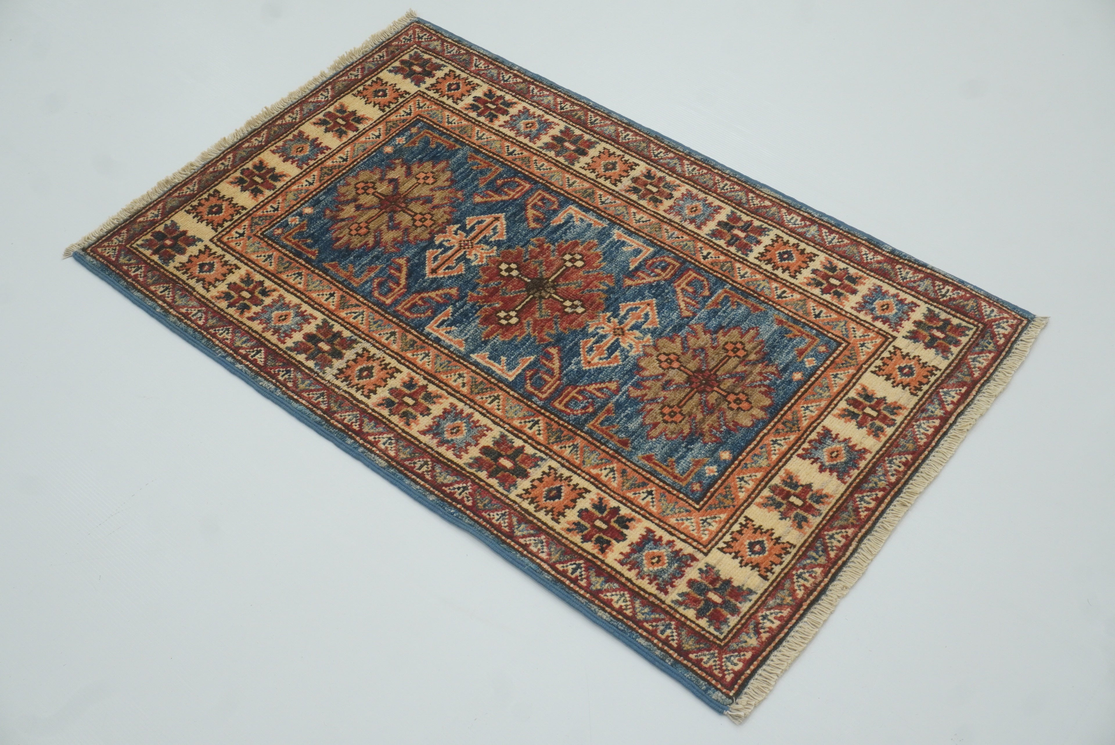 2x3 Blue Kazak Hand-Knotted Afghan Wool Rug - Yildiz Rugs