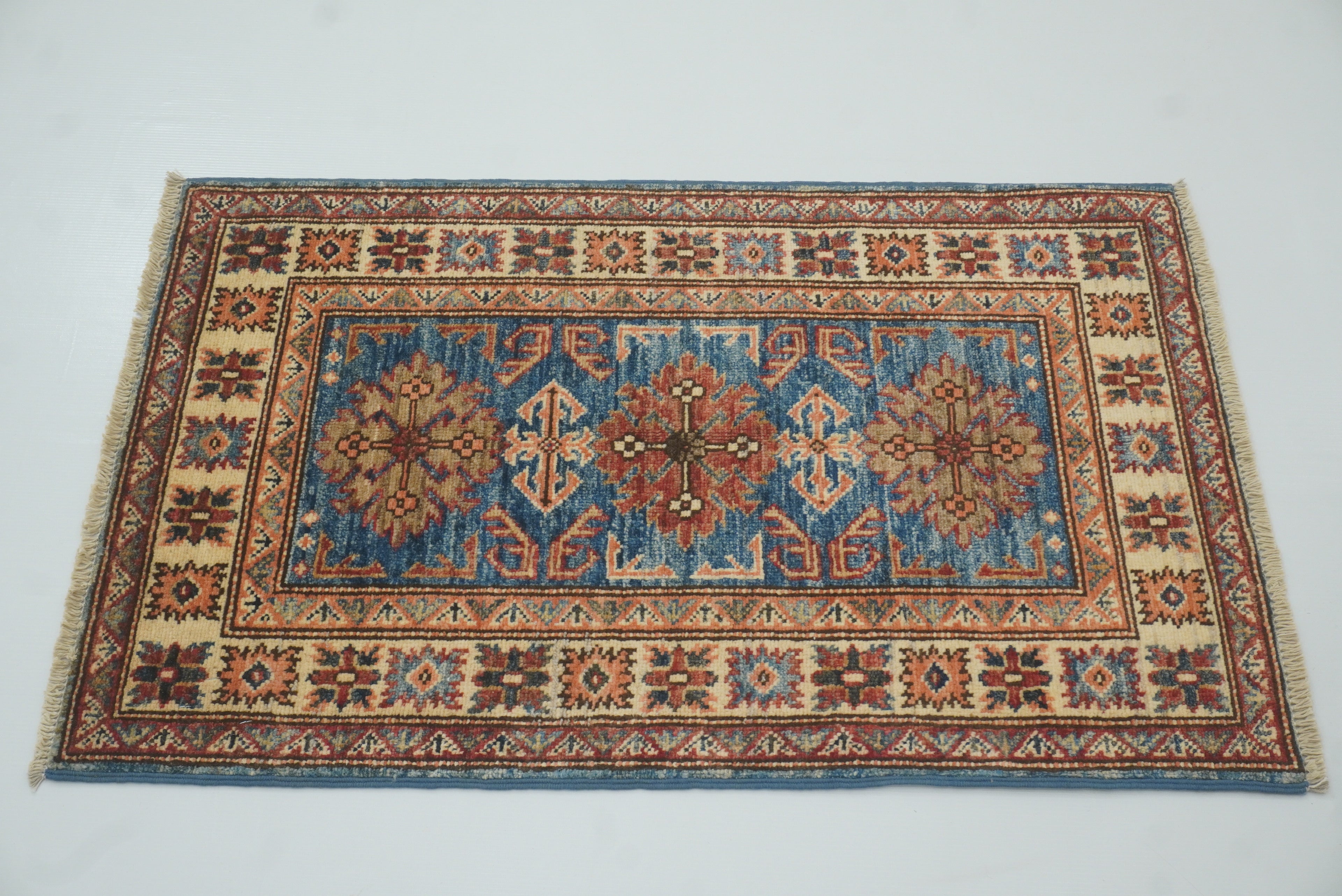 2x3 Blue Kazak Hand-Knotted Afghan Wool Rug - Yildiz Rugs