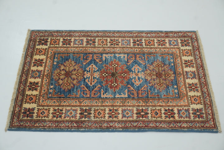 2x3 Blue Kazak Hand-Knotted Afghan Wool Rug - Yildiz Rugs