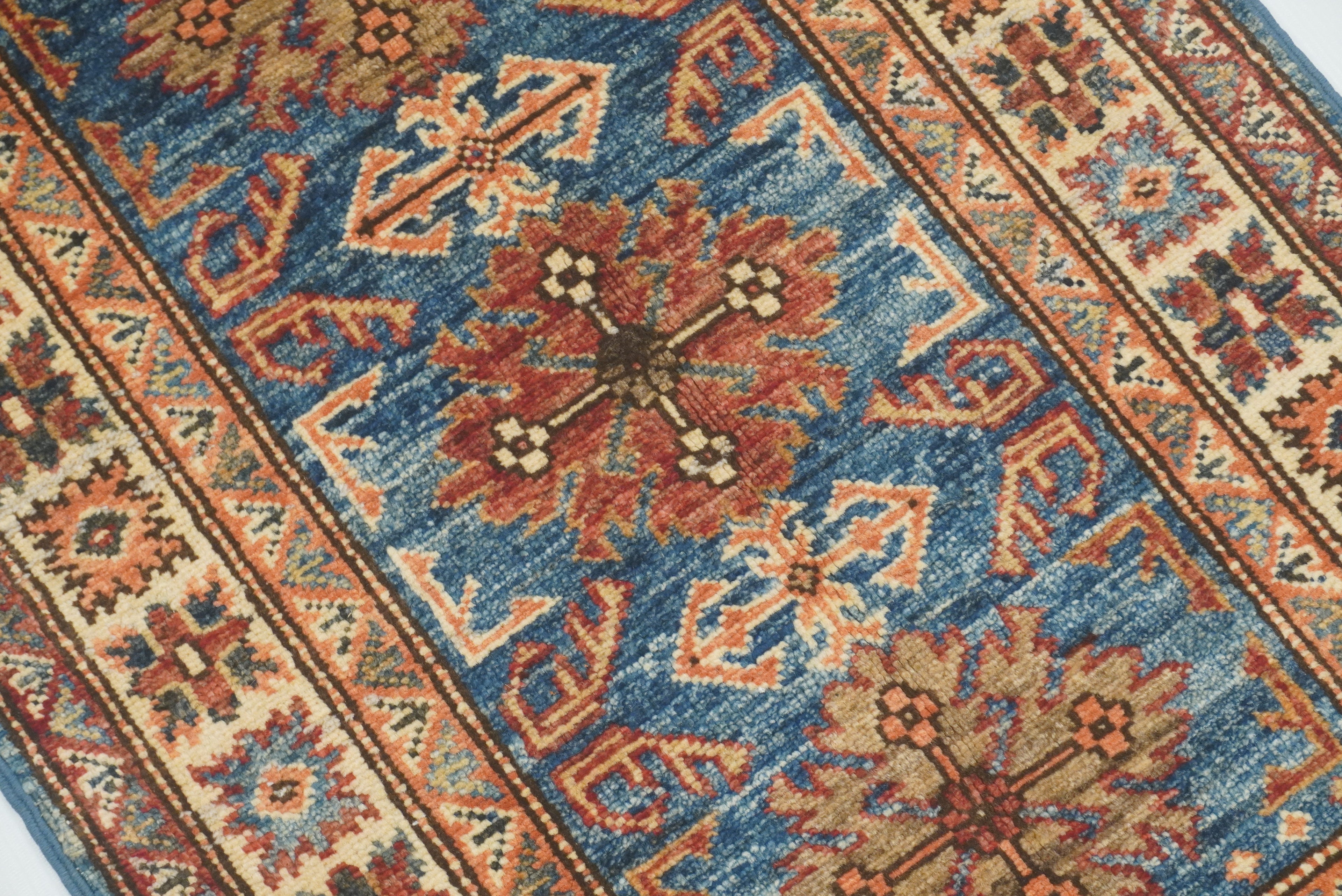 2x3 Blue Kazak Hand-Knotted Afghan Wool Rug - Yildiz Rugs