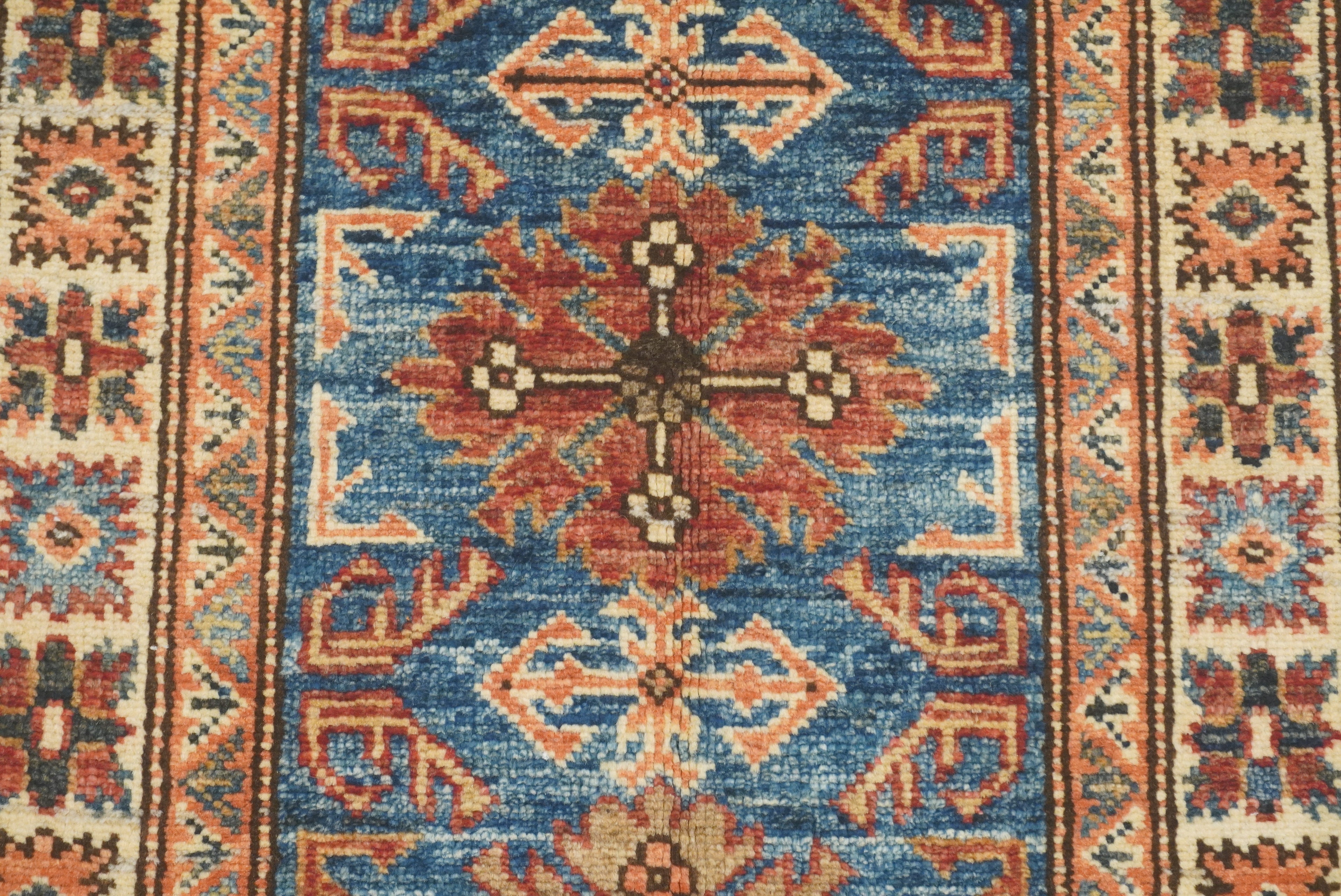 2x3 Blue Kazak Hand-Knotted Afghan Wool Rug - Yildiz Rugs