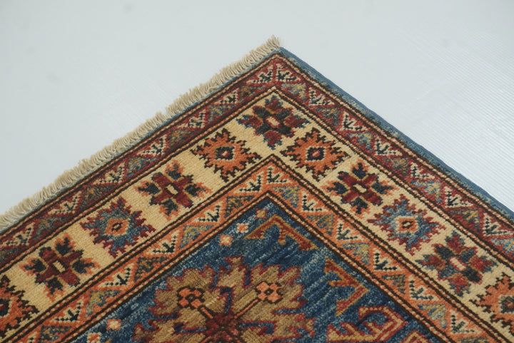 2x3 Blue Kazak Hand-Knotted Afghan Wool Rug - Yildiz Rugs