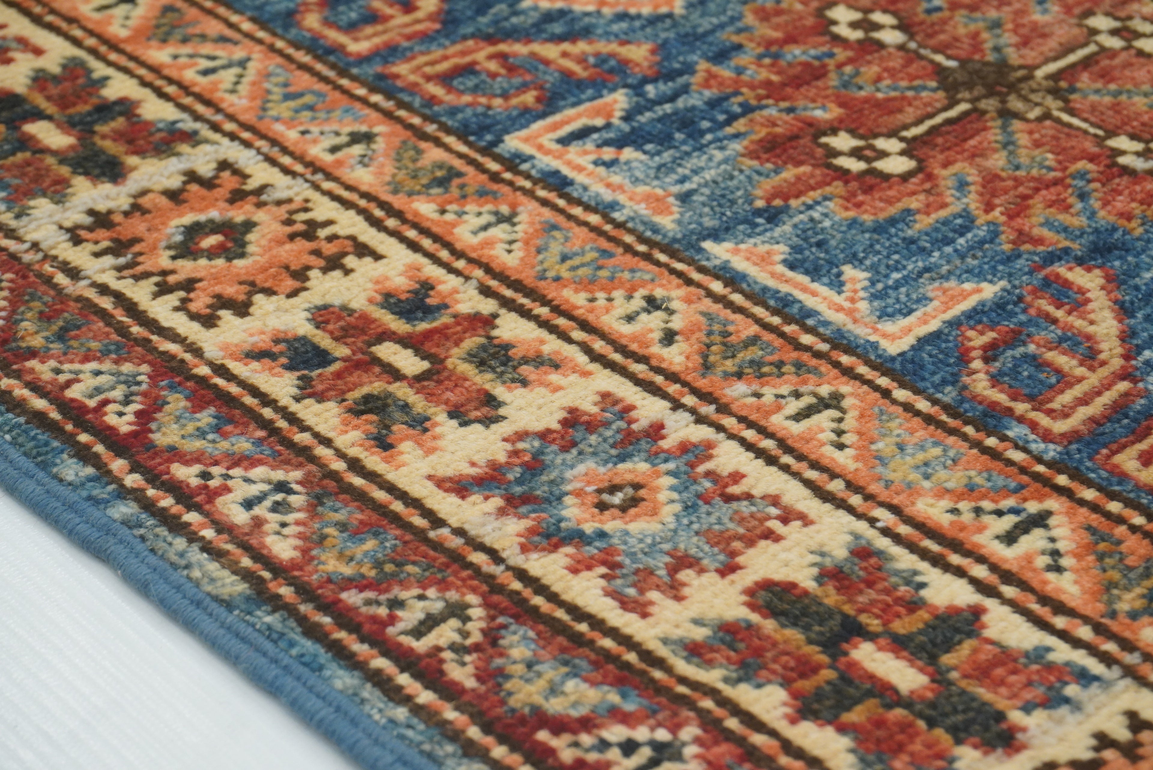 2x3 Blue Kazak Hand-Knotted Afghan Wool Rug - Yildiz Rugs