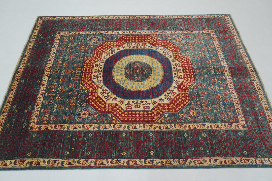 5x7 Green Turkish Mamluk Hand knotted Medallion Rug