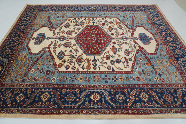 8x10 Beige Blue Serapi Afghan Hand Knotted Oriental Medallion Rug - Yildiz Rugs