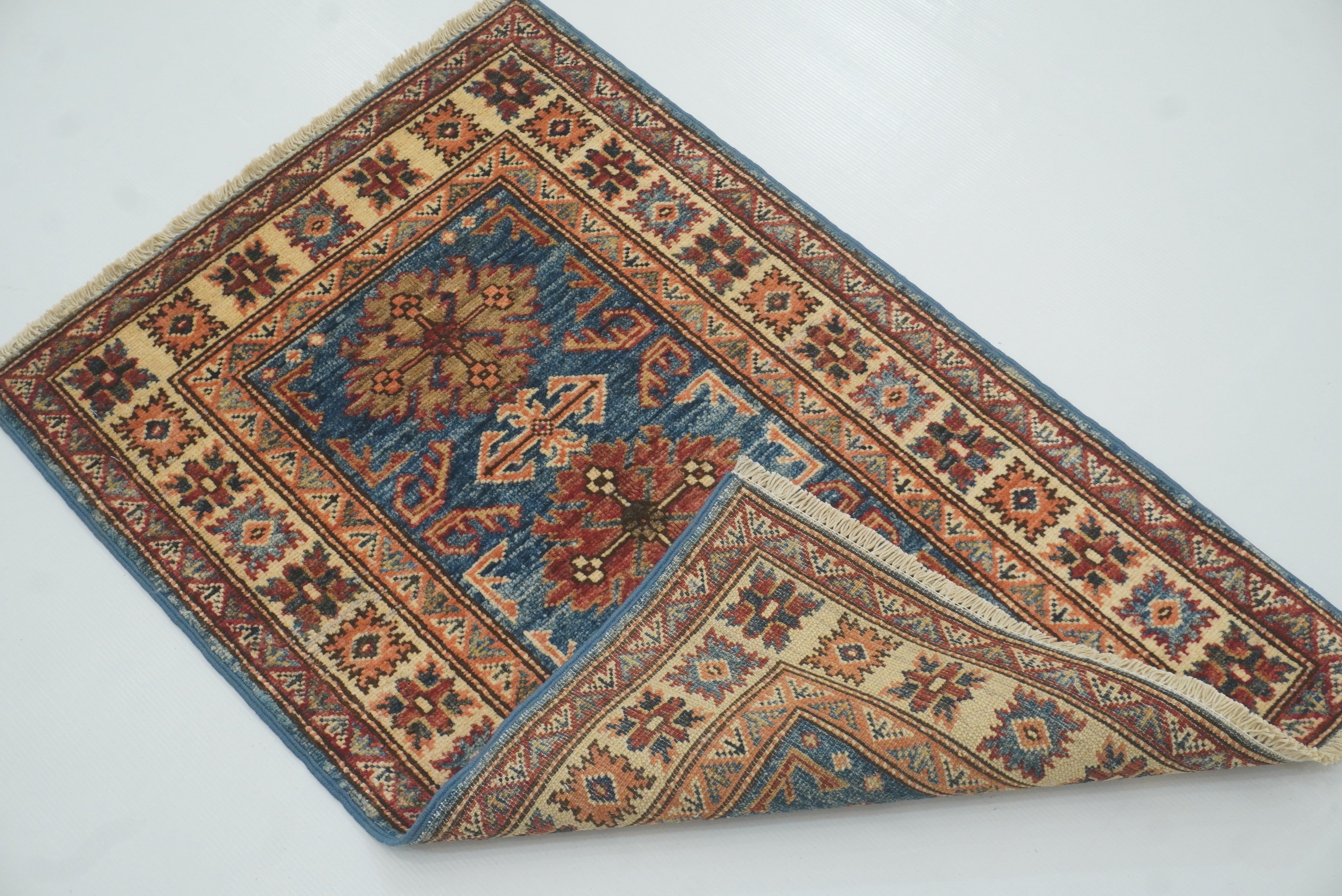 2x3 Blue Kazak Hand-Knotted Afghan Wool Rug - Yildiz Rugs