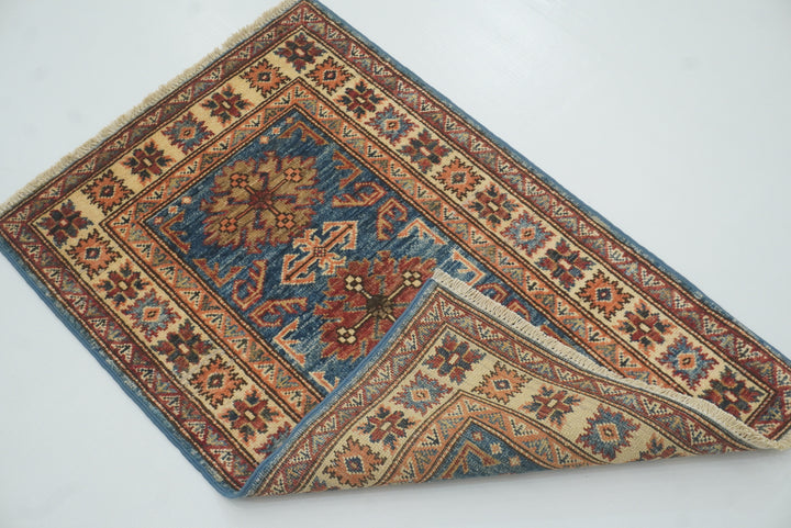2x3 Blue Kazak Hand-Knotted Afghan Wool Rug - Yildiz Rugs