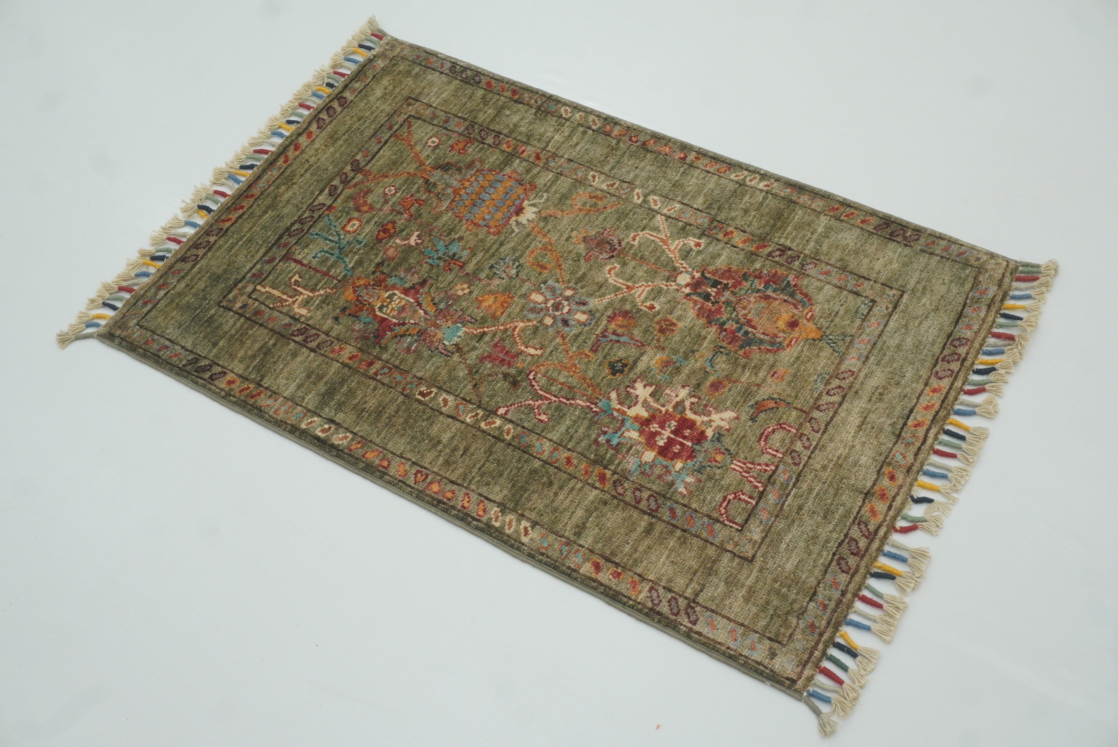 2x3 Green Afghan Waziri Floral Hand Knotted Wool Rug - Yildiz Rugs