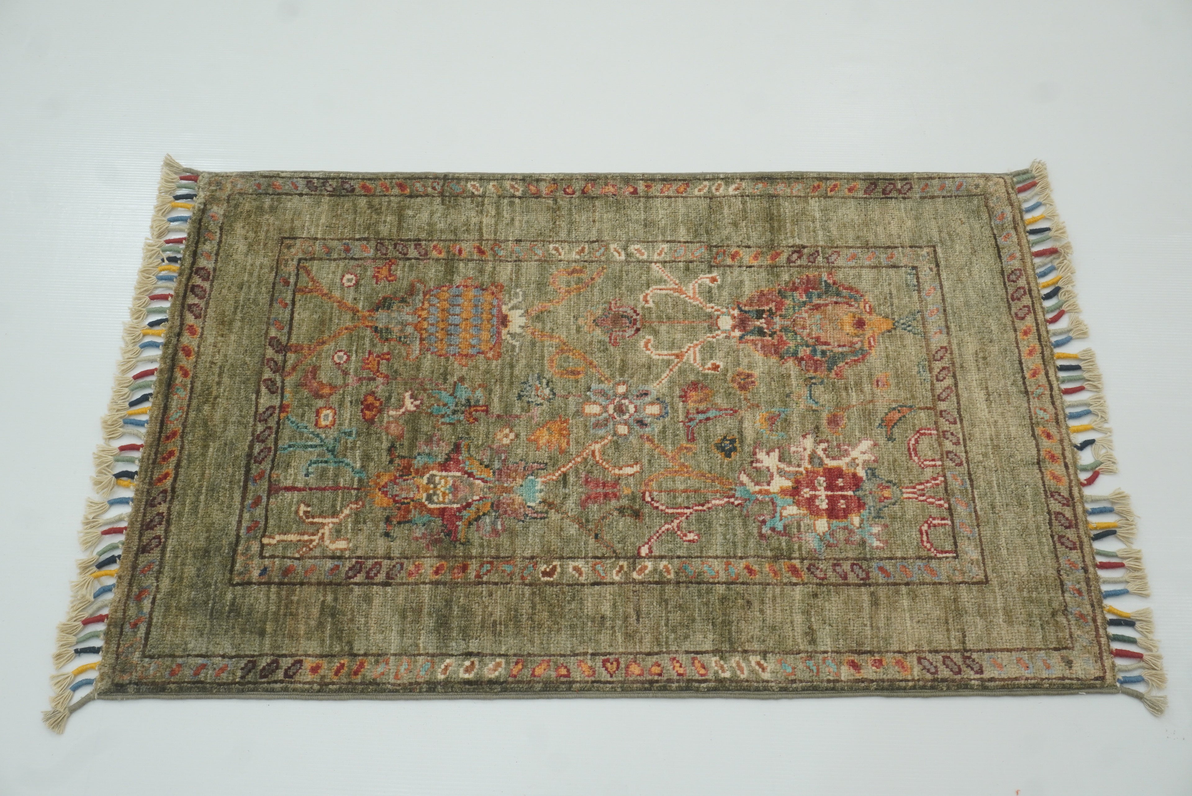 2x3 Green Afghan Waziri Floral Hand Knotted Wool Rug - Yildiz Rugs