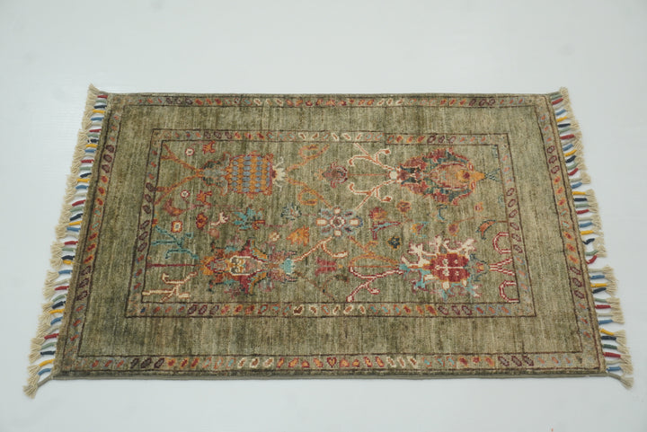 2x3 Green Afghan Waziri Floral Hand Knotted Wool Rug - Yildiz Rugs