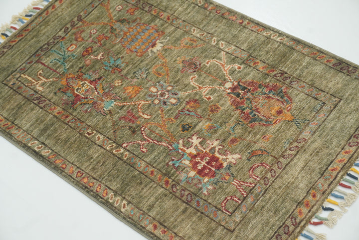2x3 Green Afghan Waziri Floral Hand Knotted Wool Rug - Yildiz Rugs
