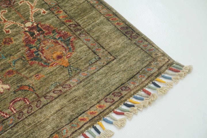 2x3 Green Afghan Waziri Floral Hand Knotted Wool Rug - Yildiz Rugs