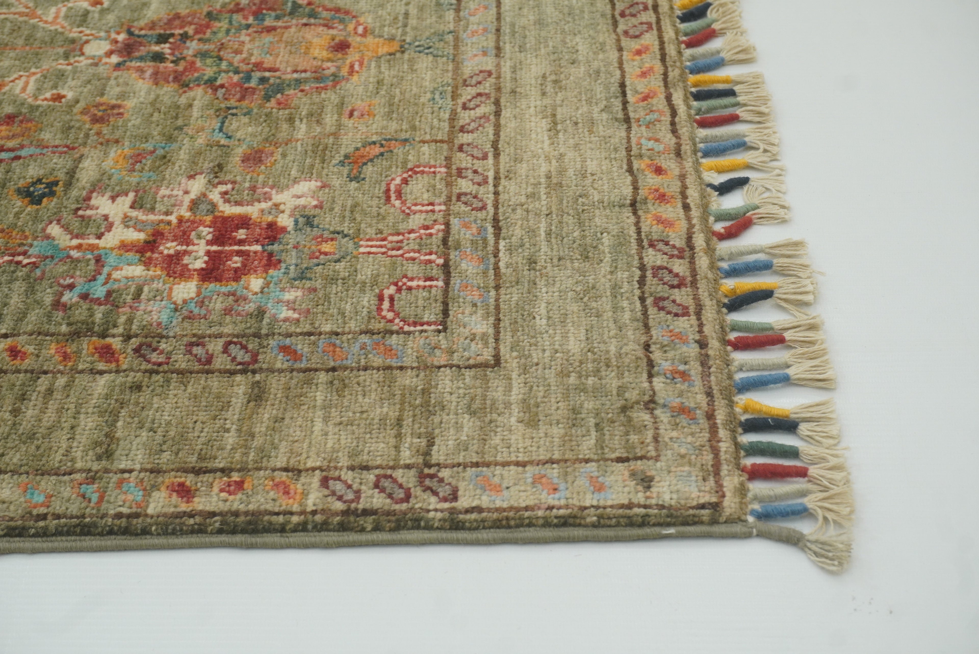 2x3 Green Afghan Waziri Floral Hand Knotted Wool Rug - Yildiz Rugs