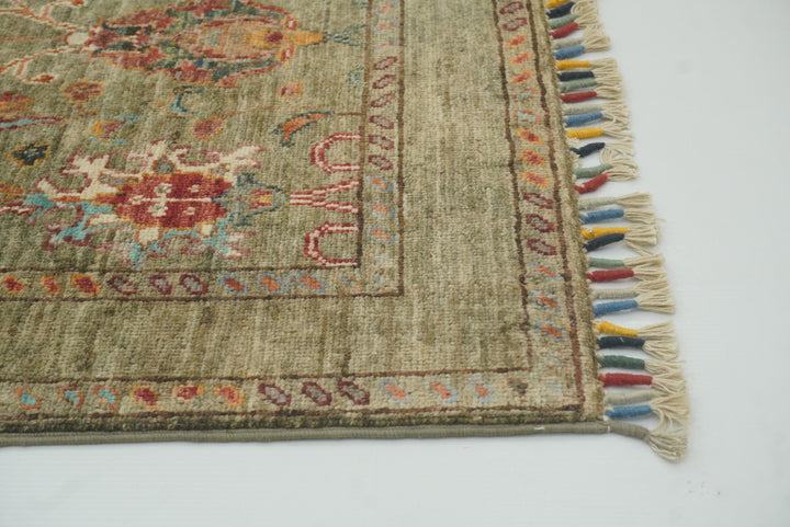 2x3 Green Afghan Waziri Floral Hand Knotted Wool Rug - Yildiz Rugs