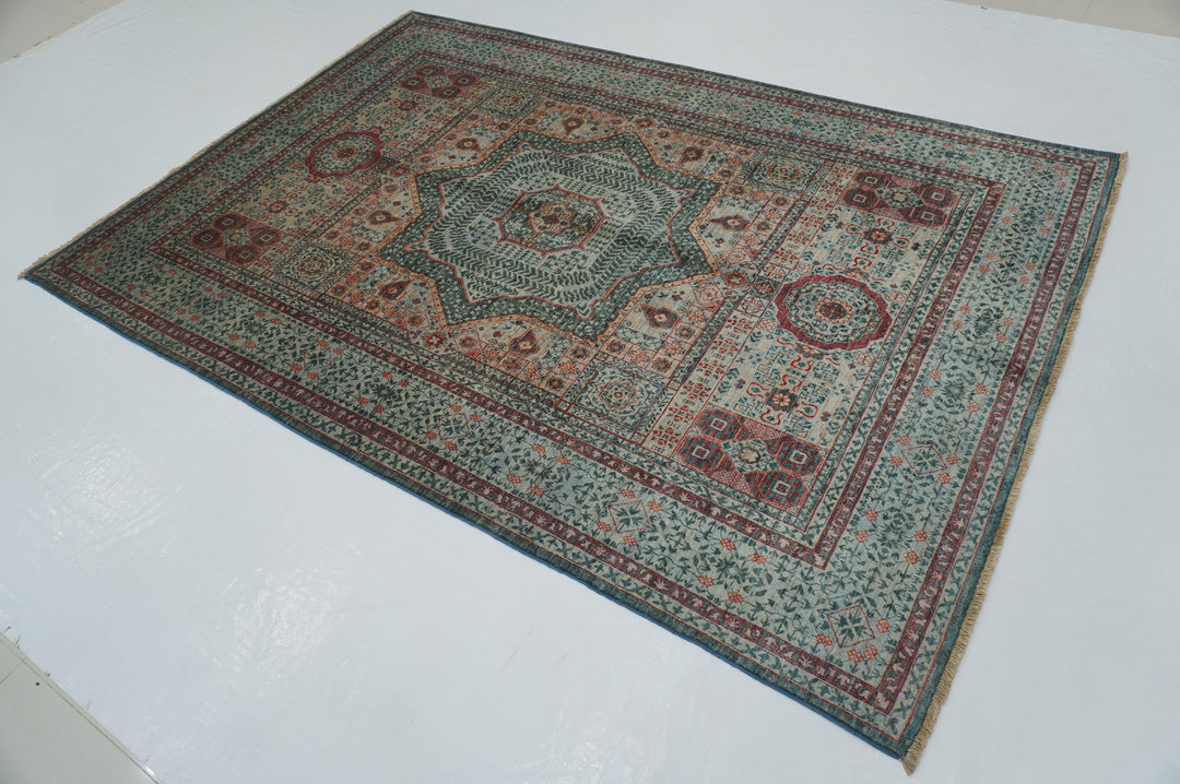 6x8 Muted Blue Green Mamluk Hand Knotted Turkish Medallion Rug - Yildiz Rugs