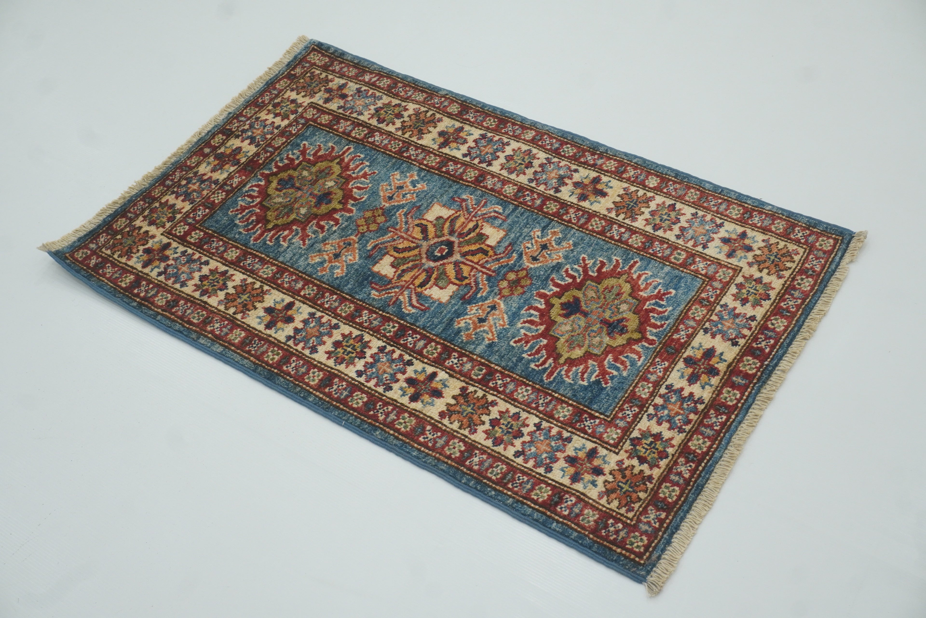 2x3 Blue Kazak Hand-Knotted Afghan Wool Rug - Yildiz Rugs
