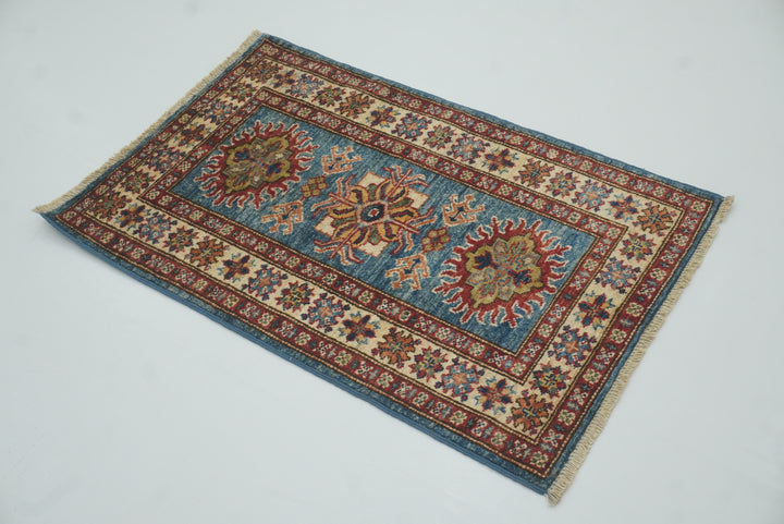 2x3 Blue Kazak Hand-Knotted Afghan Wool Rug - Yildiz Rugs
