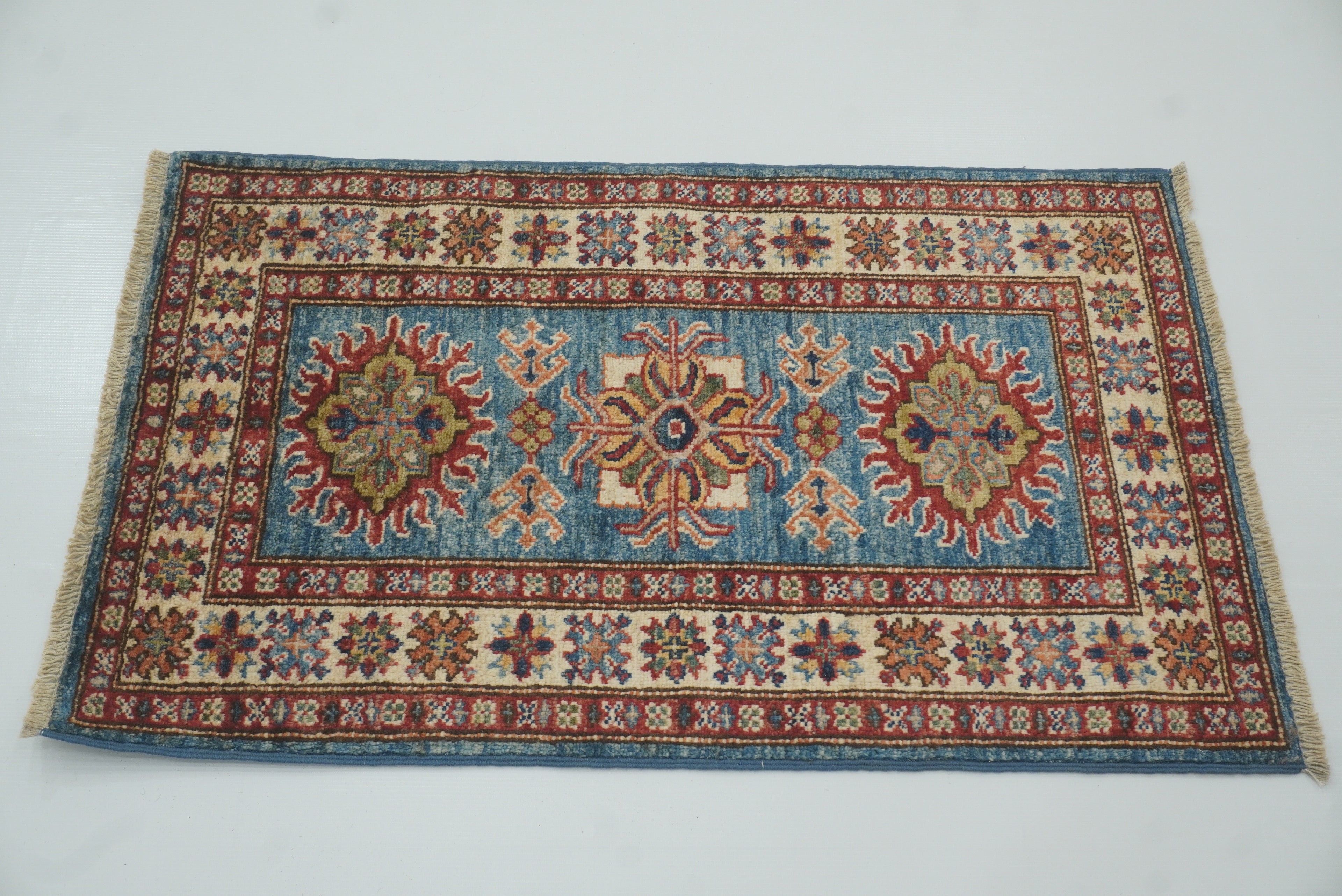 2x3 Blue Kazak Hand-Knotted Afghan Wool Rug - Yildiz Rugs