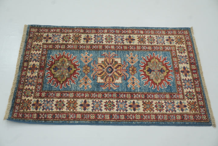 2x3 Blue Kazak Hand-Knotted Afghan Wool Rug - Yildiz Rugs