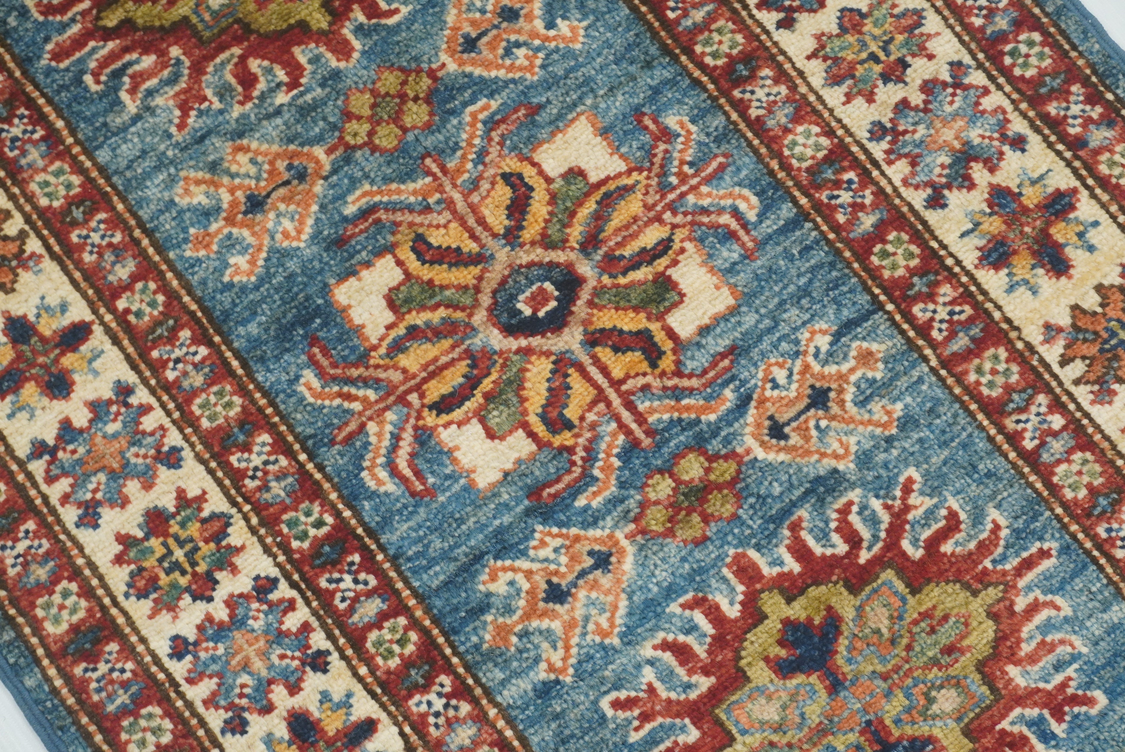 2x3 Blue Kazak Hand-Knotted Afghan Wool Rug - Yildiz Rugs