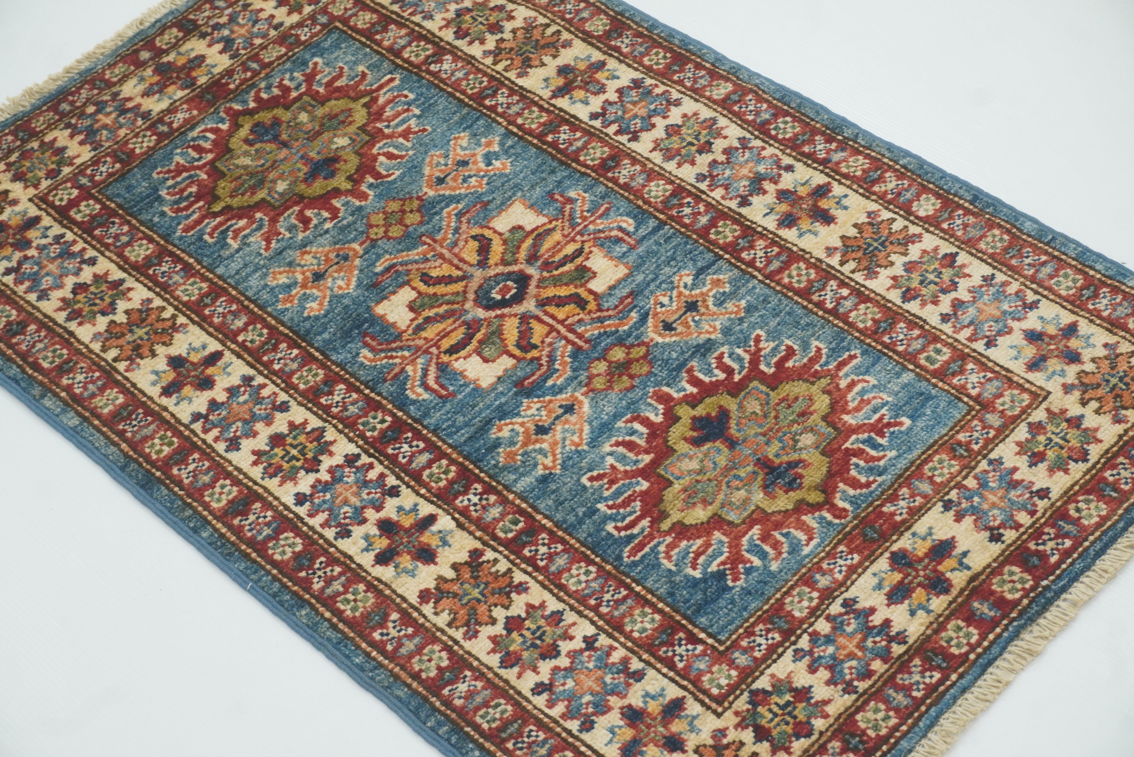 2x3 Blue Kazak Hand-Knotted Afghan Wool Rug - Yildiz Rugs