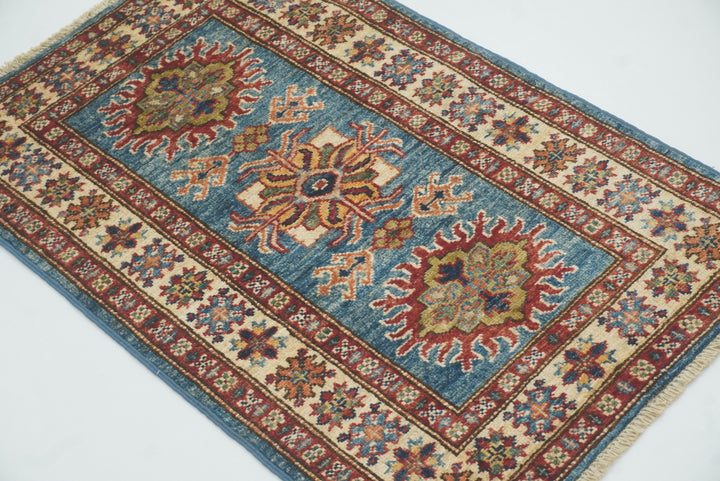 2x3 Blue Kazak Hand-Knotted Afghan Wool Rug - Yildiz Rugs