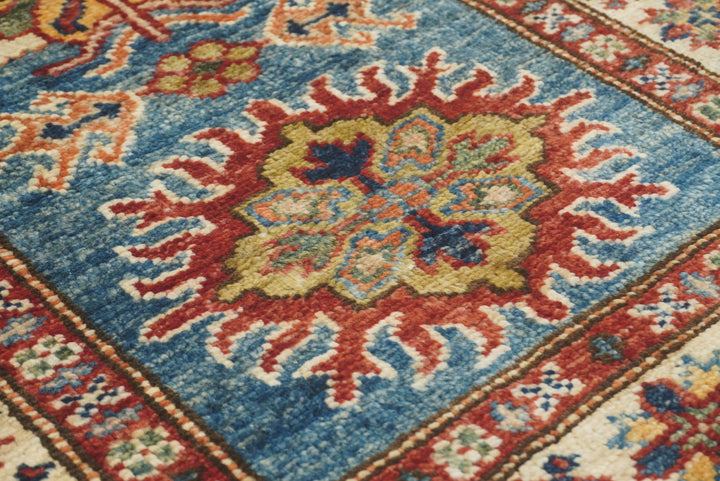 2x3 Blue Kazak Hand-Knotted Afghan Wool Rug - Yildiz Rugs