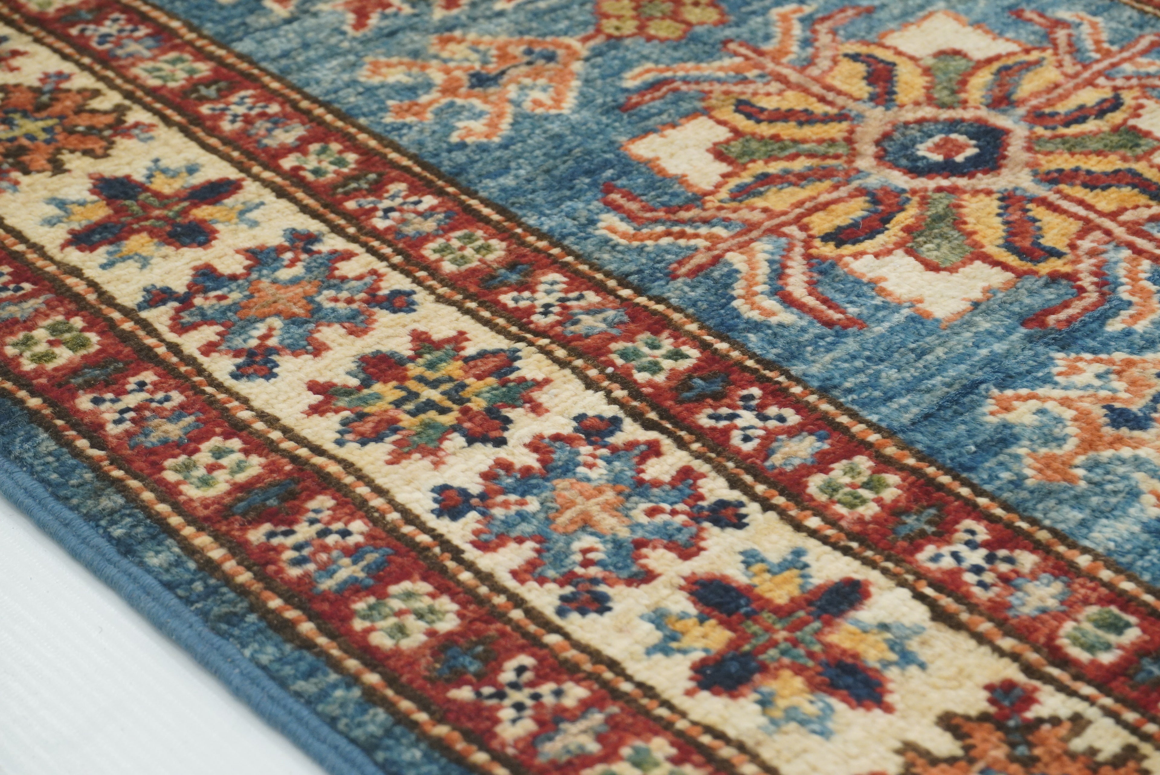 2x3 Blue Kazak Hand-Knotted Afghan Wool Rug - Yildiz Rugs