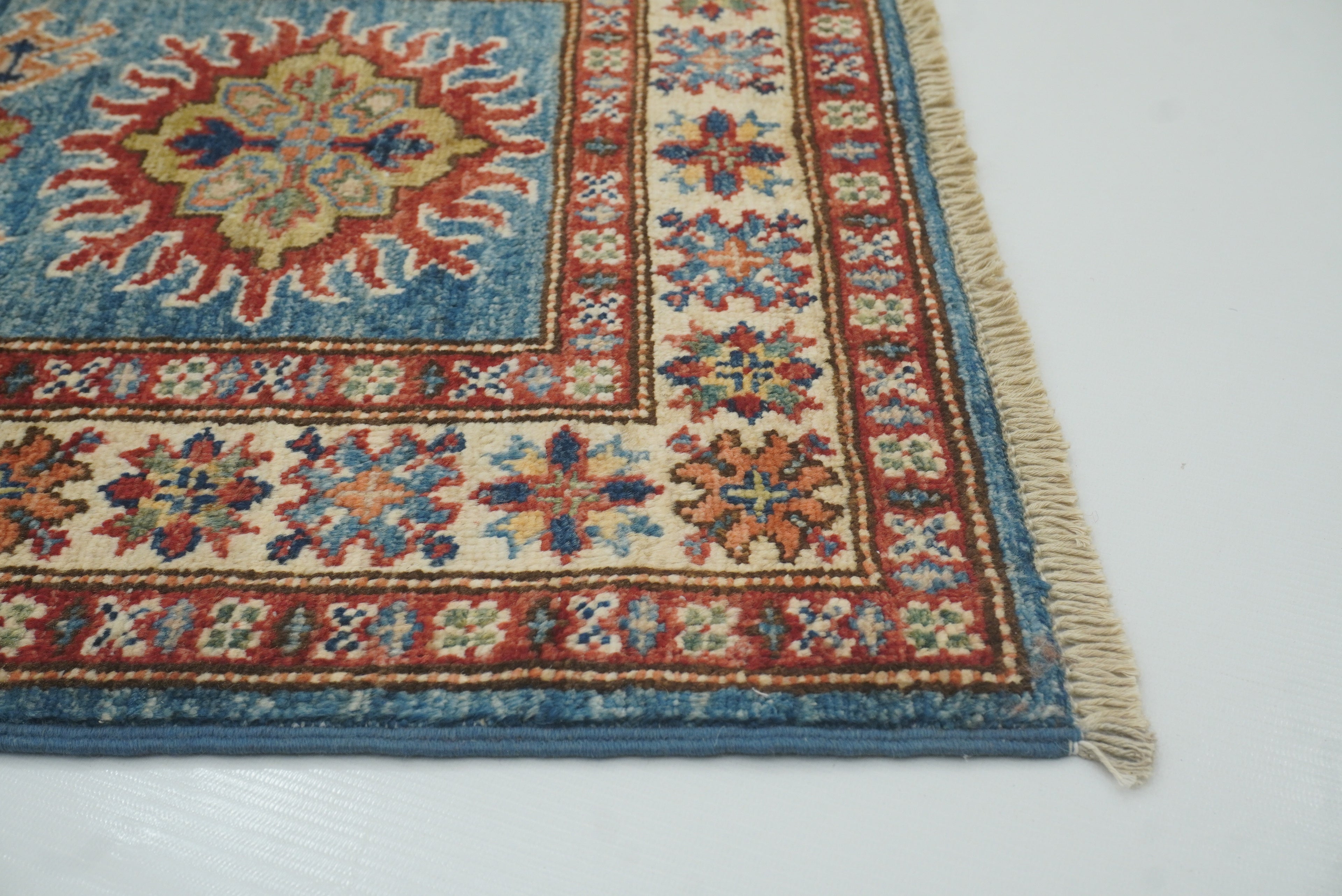 2x3 Blue Kazak Hand-Knotted Afghan Wool Rug - Yildiz Rugs