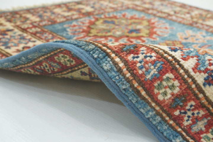 2x3 Blue Kazak Hand-Knotted Afghan Wool Rug - Yildiz Rugs