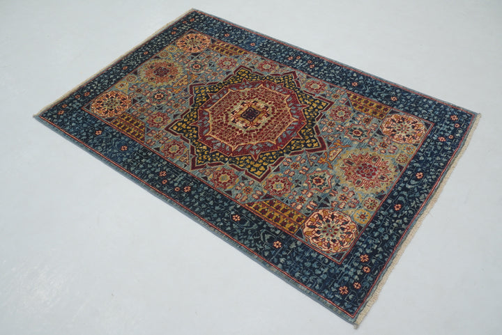 3x5 Blue Turkish Hand knotted Medallion Mamluk Rug